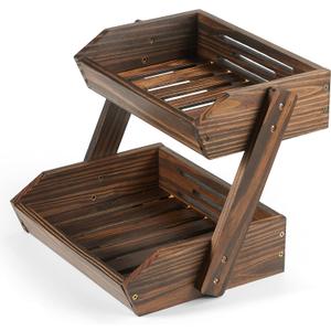 Large Capacity 2-Tier Wooden Fruit Basket, Durable Acacia Wood, 10.5" Tall, Spacious for Produce, Vegetables, Bread Storage and Home Kitchen Countertop (Walnut)