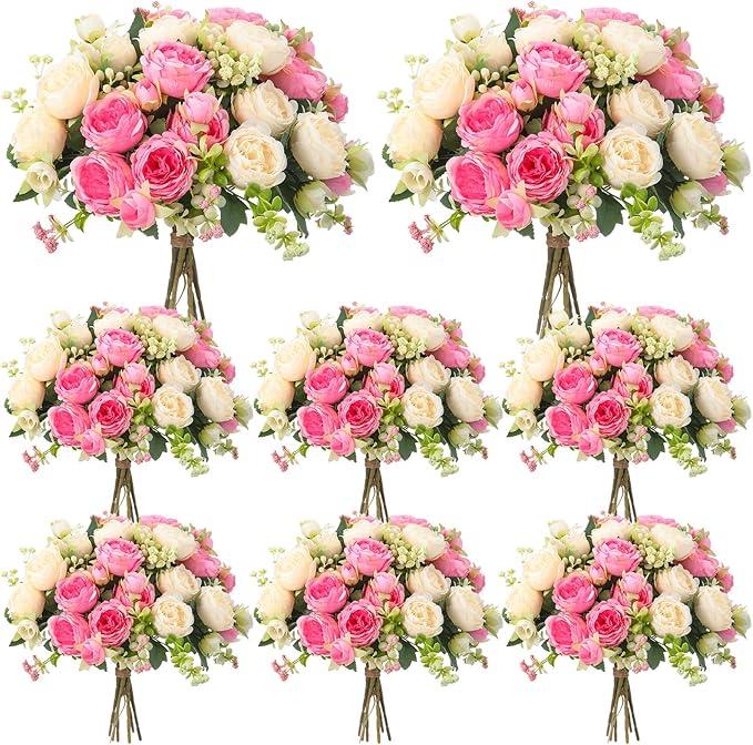 Geosar 8 Bundles Artificial Peonies Flowers Fake Silk Peony Bouquet Faux Peonies Flowers Bulk for Decoration Vase Floral Arrangements Wedding Party Table (Pink,Champagne)