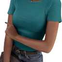 Roselux Women Crew Neck Ribbed Fitted Tight Tshirt Short Sleeve Shirt Basic Knit Top (Small, Teal)