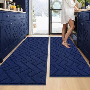 hicorfe Kitchen Runner Rugs and Mats Sets,2 Pieces Absorbent Non-Slip Kitchen Rug,Comfort Kitchen Mat for Floor,Washable for Kitchen,Hallway,Office,Sink,Laundry(20"x59"+20"x48",Navy Blue)