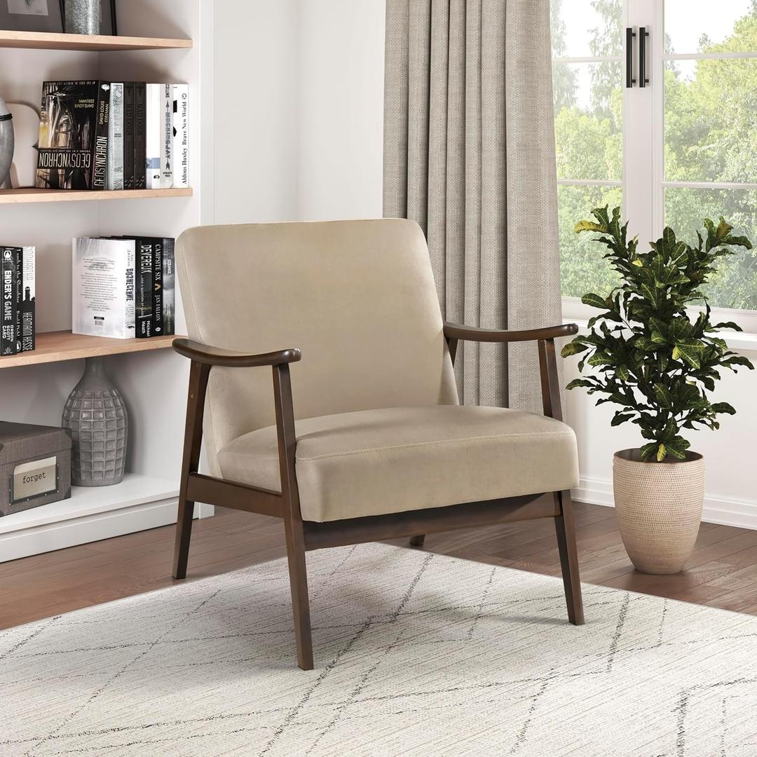 Lexicon Mid Century Modern Chair Velvet Accent Chair for Living Room Chair w/Solid Wood Armrests and Legs, Cushioned Seat and Backrest, Reading Chair and Lounge Chair for Bedrooms/Studios, Brown, 26"W x 31.5"D x 31"H