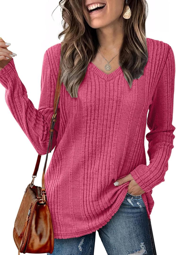Lafural V Neck Long Sleeve Shirts for Women Casual Fall Tops Lightweight Tunic Sweaters Fashion Clothes 2024 (Pink, S)