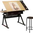 Drafting Table w/Stool,Height Adjustable Drafting Table for Adults ,Tilted Tabletop with Storage Drawers,Multifunctional Art Craft Artists Desk for Reading, Writing, Crafting and Diamond Arts Oak