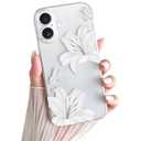 Skyseaco for iPhone 16 Plus Case, Clear Cute Butterfly Lily Floral Flower Phone Case for Women Girls, Clear Slim Camera Lens Shockproof Protection Phone Cover, White Pack of 3