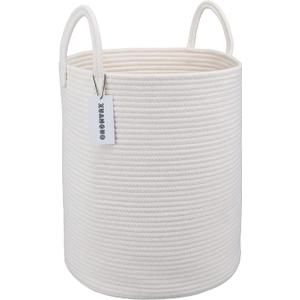 Cotton Rope Laundry Basket Hamper for Clothes Decorative Woven Storage Basket for Living Room Bedroom Boho Tall Rope Baskets for Blanket Toys Baby Nursery Hamper Bin Large White (Regular)