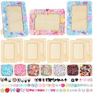 Thyle 4 Pack Mosaic Picture Frame Painting Craft Kit for 4 x 6 Inch Photo 4 Pcs DIY Unfinished Wooden Picture Frames with Beads Stickers Tweezers for DIY Craft Gifts
