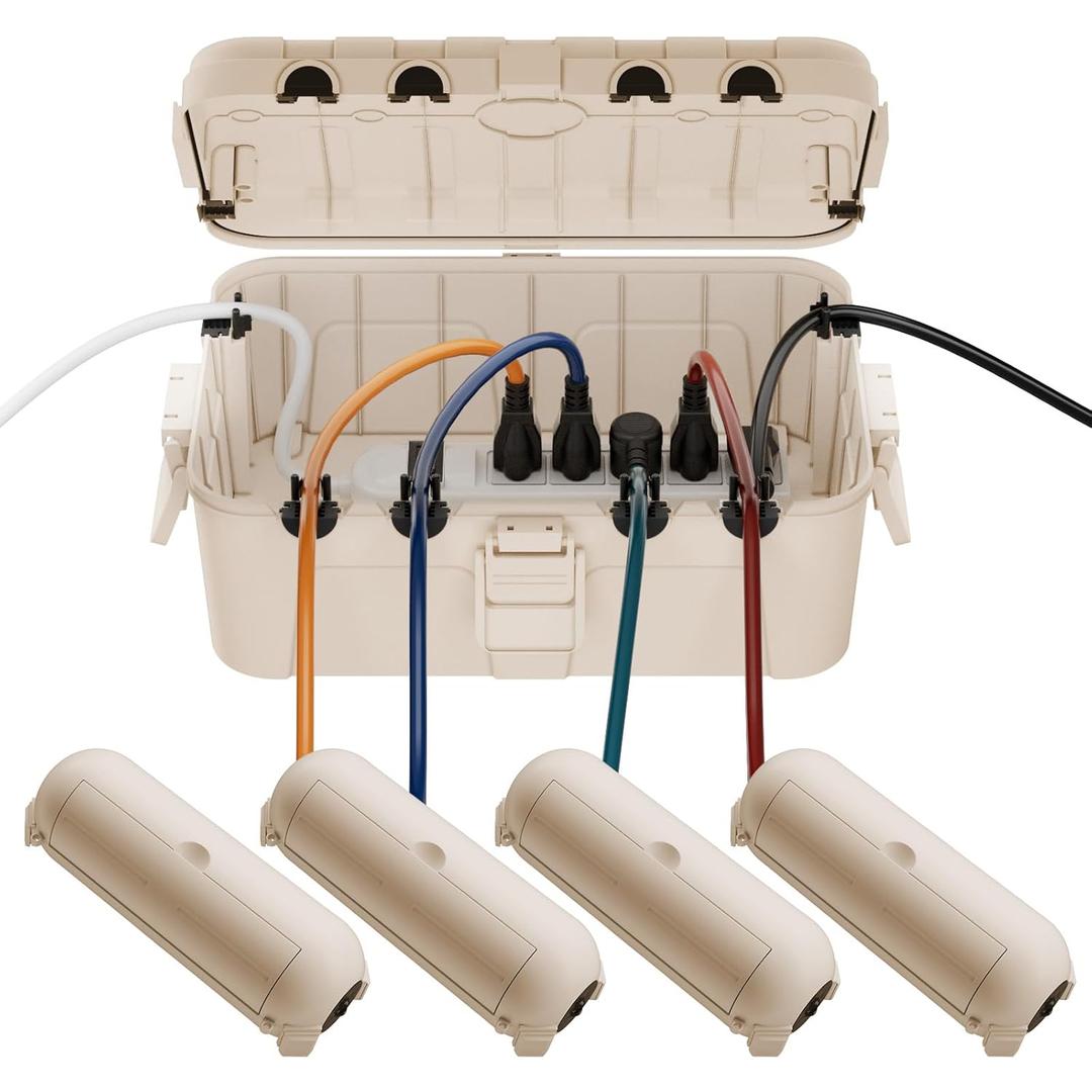RESTMO 5-Piece Outdoor Waterproof Electrical Box Set 12.5" x 8.5" x 5" Large & 7.1" x 2.3" x 2.3" Small, Weatherproof Boxes for Power Strip, Outlet, Plug, Socket, Timer, Holiday Light, Almond