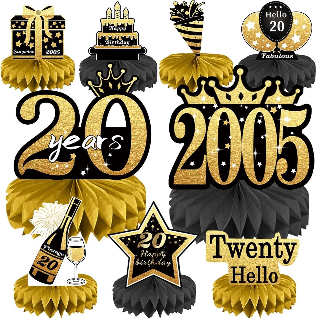 20th Birthday Decorations Set, 2005 Table Toppers for Her Him Birthday Party Supplies, Happy 20 Year Old Table Decoration for Daughter Son, 9Pcs Black & Gold Honeycomb Centerpieces