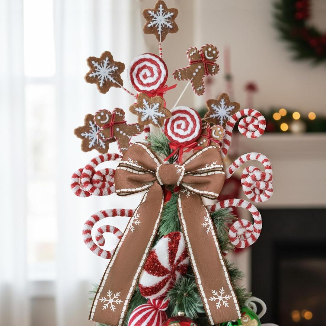 Jenaai Large Christmas Gingerbread Tree Picks and Spray 15.8" Christmas Tree Topper with Bow Felt Gingerbread Snowflakes Candy Canes Ornaments for Xmas Vase Filler Party Craft Wreath Home Decor