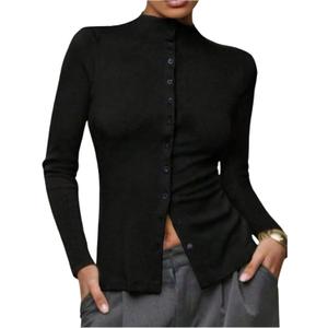 SOLY HUX Women's Button Down T Shirt Mock Neck Long Sleeve Tee Fitted Casual Fall Tops (M)