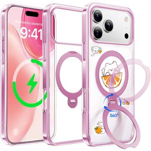 for iPhone 17 Pro Case 2025 (Compatible with MagSafe) (Military Protection) with 360 Spin Stand (DIY Cute Stickers) Anti-Yellow Clear Slim for 17 Pro Phone Case 6.3", Pink