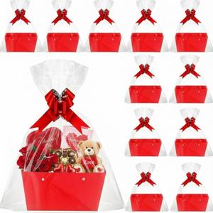 Colarr 12 Pack Baskets for Gifts Empty Bulk Kraft Empty Gift Basket Kit with Handle Wrap Bag Bow DIY Cardboard Market Tray to Fill for Valentine's Wedding Easter Party, 9.8" x 6.5" x 4.3"(Red)
