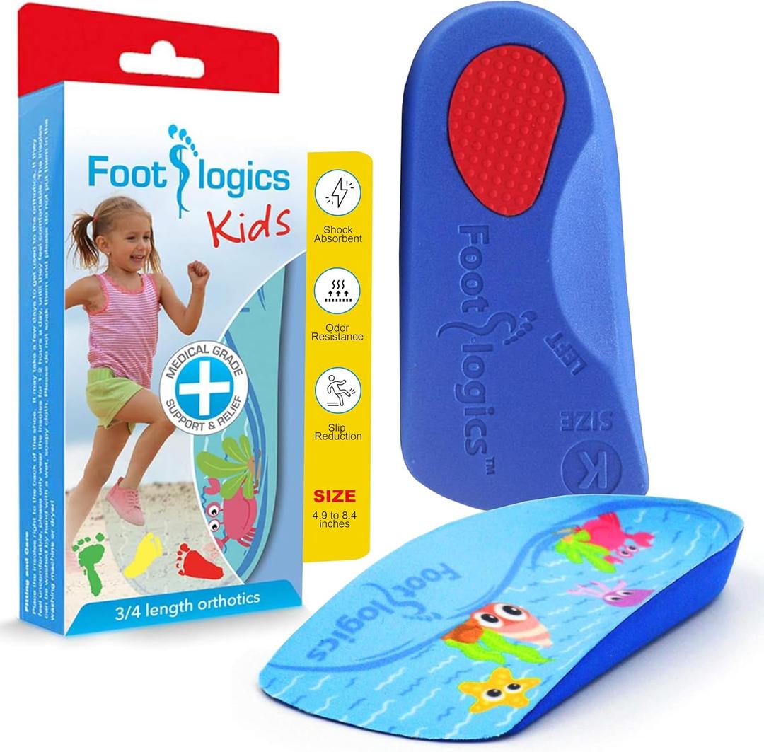 Footlogics Fun Kids Orthotic Shoe Insoles with Arch Support for Childrens Heel Pain (Severs Disease), Growing Pains, Flat Feet - Childrens, Pair 3/4 Length (Kids 1-3, Blue)