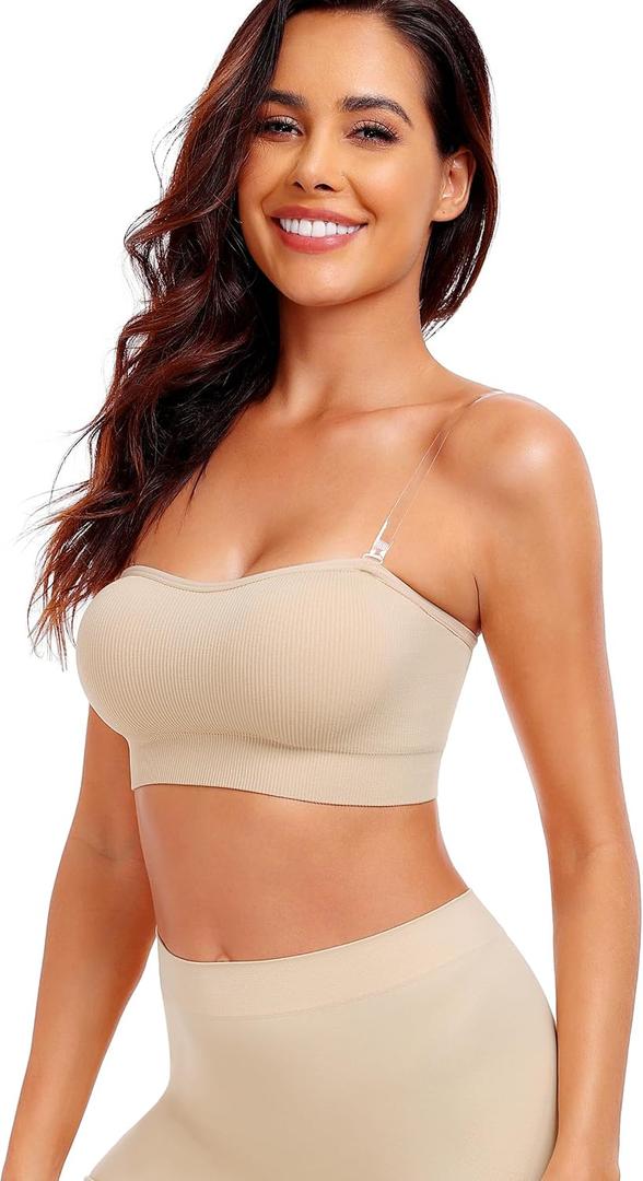 Strapless Bra for Women No Slip Silicone Grip Bandeau Bra with Fixed Pads Convertible (Beige, M)