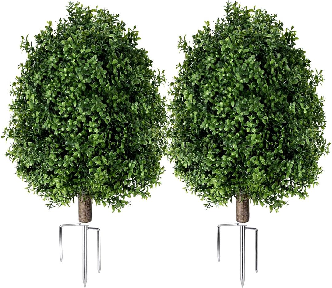 QCQHDU Artificial Boxwood Topiary Ball Bush for Outdoor, 26.8" Fake Trees Evergreen Plants with Ground Spike,UV Resistant Faux Greenery Shrubs for Indoor,Garden,Yard,Front Porch,Patio Decor,Set of 2