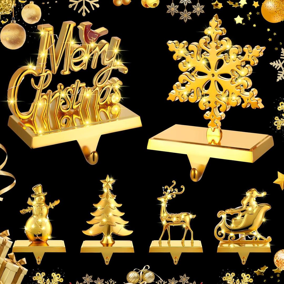 Suzile 6 Pcs Christmas Stocking Holders for Mantel Xmas Stocking Hooks with LED Light for Mantel Fireplace Table Party Decoration Ornaments(Gold)