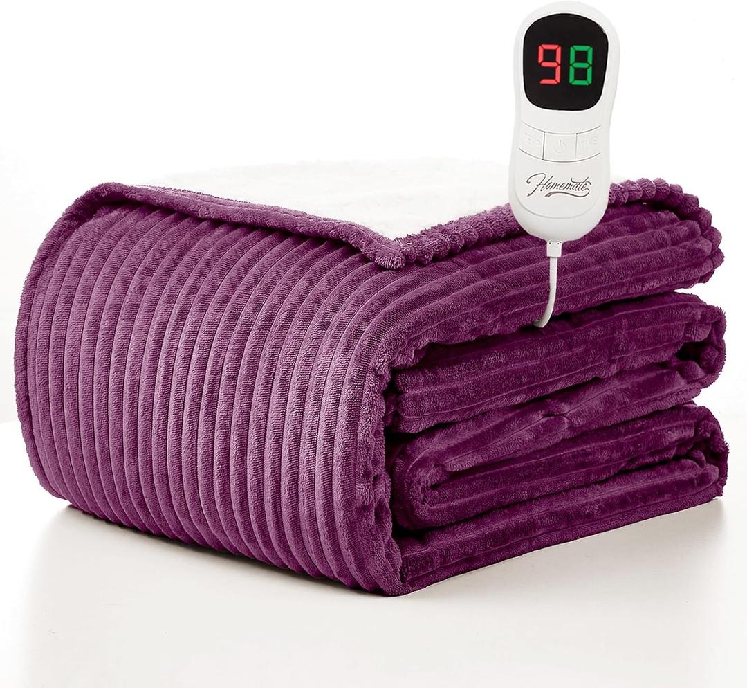 Homemate Heated Blanket Electric Throw - 50"x60" Heating Blanket Throw 1/2/4/6/8 Hours Auto-Off 10 Heat Levels Over-Heat Protection Soft Flannel Sherpa ETL Certification