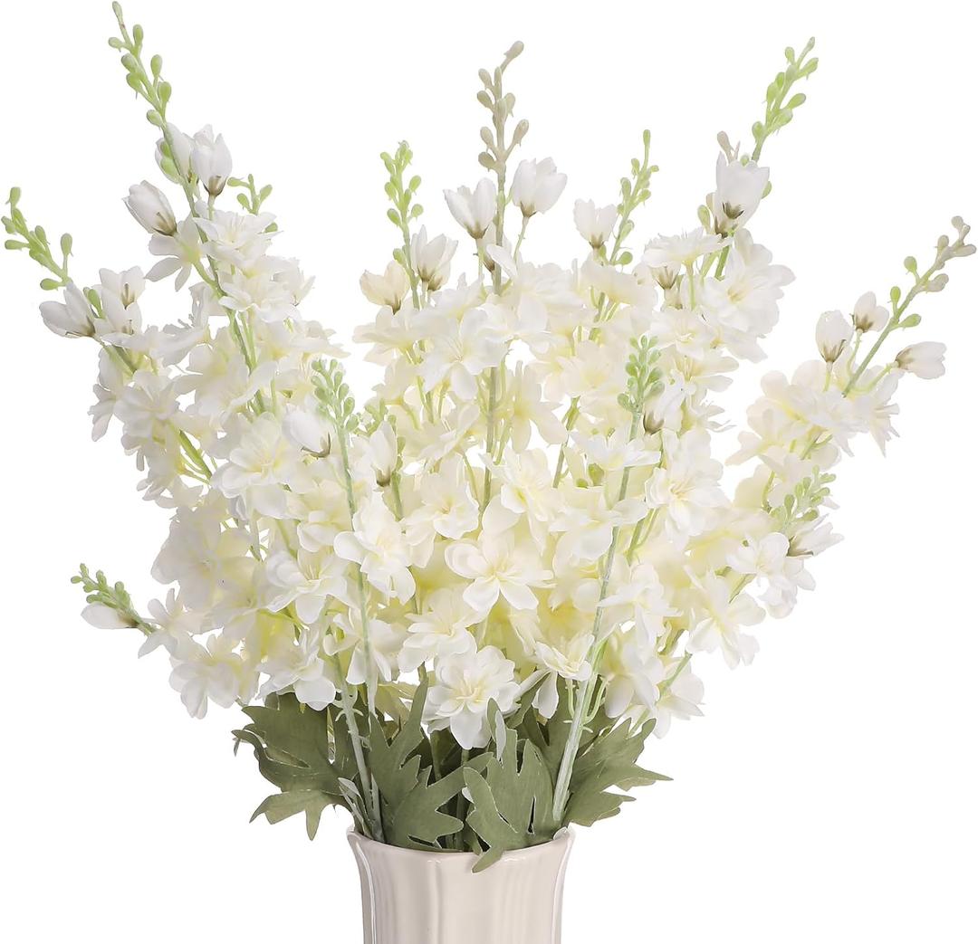 10 Pcs Delphinium Artificial Flowers for Decoration, 33.86 Inch Long Stem Larkspur Fake Flowers Light Blue Faux Silk Bouquets for Tall Vase Wedding Home Decor Floral Arrangements(White)