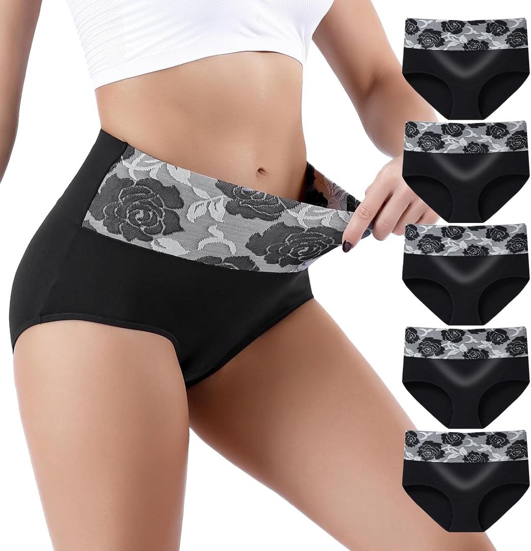 Honzadar Women Underwear Breathable Panties Cotton Tummy Control High Waist Briefs Full Coverage Panty Multipack (Large, Black-5pack)