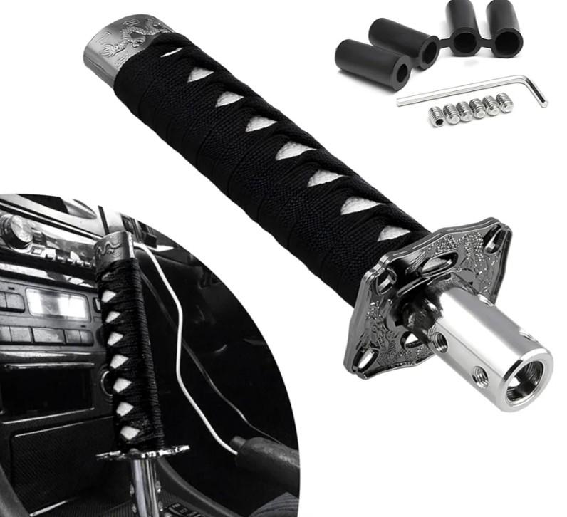 Samurai Sword Shift Knob, 7.9 Inch Short Gear Shifter Swords Protective Cover with 4 Adapters, Universal Shift Gear Lever for Manual & Most Automatic Transmission Cars (Black & White)