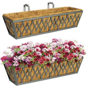 2 Pack 24 Inch Window Boxes Planters Railing Planter Box with Adjustable Brackets for Porch Fence Patio Balcony Hanging Flower Baskets with Coco Liners for Outdoor Garden Decor - Dark Grey