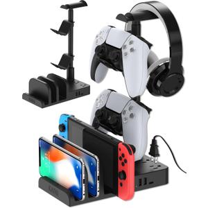 KAFRI Headphone and Controller Stand with USB A&C Charger, Desk Gaming Accessories Headset Holder with USB Charging Port and 2 AC Outlets, Switch/Phone Storage Organizer, Gamer Gift for Men Boyfriend