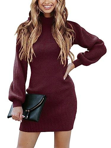 ANRABESS Women Long Sleeve Turtle Mock Neck Rib Knit Stretch Slim Fitted Bodycon Sweater Mini Short Dress 2025 Fall Outfits Wine Red Small