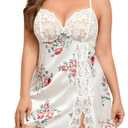 Avidlove Plus Size Lingerie for Women Sexy Satin Nightgown Lace Babydoll Side Slit Strappy Sleepwear White Floral (White)