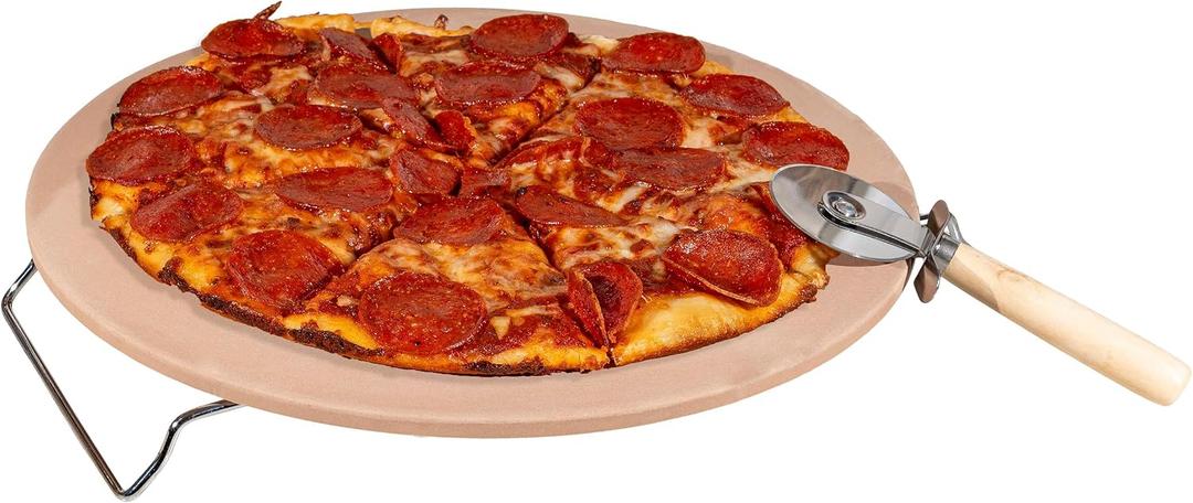 Pizza Stone - 15-Inch Pizza Stone for Oven or Grill with Cutter and Metal Serving Rack/Handles - Oven Accessories by Classic Cuisine, large