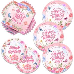 Egami 48pcs Mother's Day Party Supplies,include 24 dessert plate, 24 Napkin,Used for Mother's Day Birthday Party Decoration