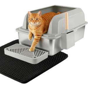 GTPLAYER Stainless Steel Litter Box, Metal XL Extra Large Litter Boxes with Lid High Sided for Big Cats and Kittens, Leak-Proof, Non-Sticky, Include Cat Step Pedal, Cat Mat and Litter Scoop (Silver Gray 1 Pack)