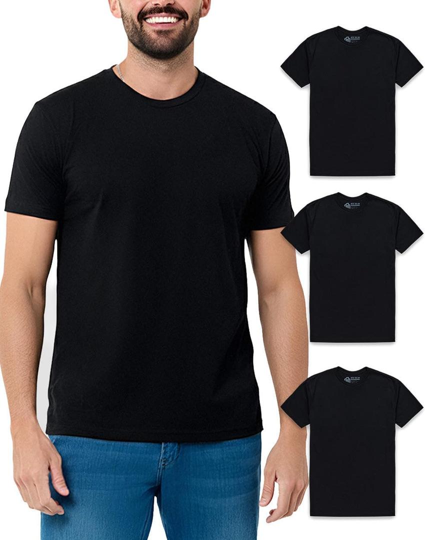Men's Plain Tee 3-Pack Multipack - Black Fitted Soft Crew Neck Tees, No-Logo, Large, 3-pack Black/Black/Black
