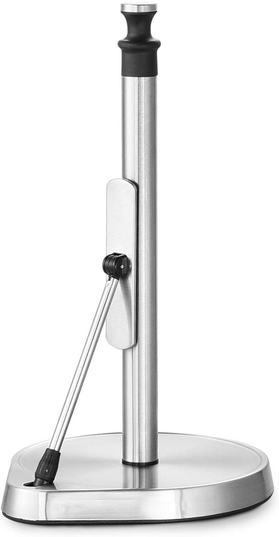 Dailyart One Hand Tear Stainless Steel Paper Towel Holder with Tension Arm, Non Slip Weighted Stand for Kitchen, Silver