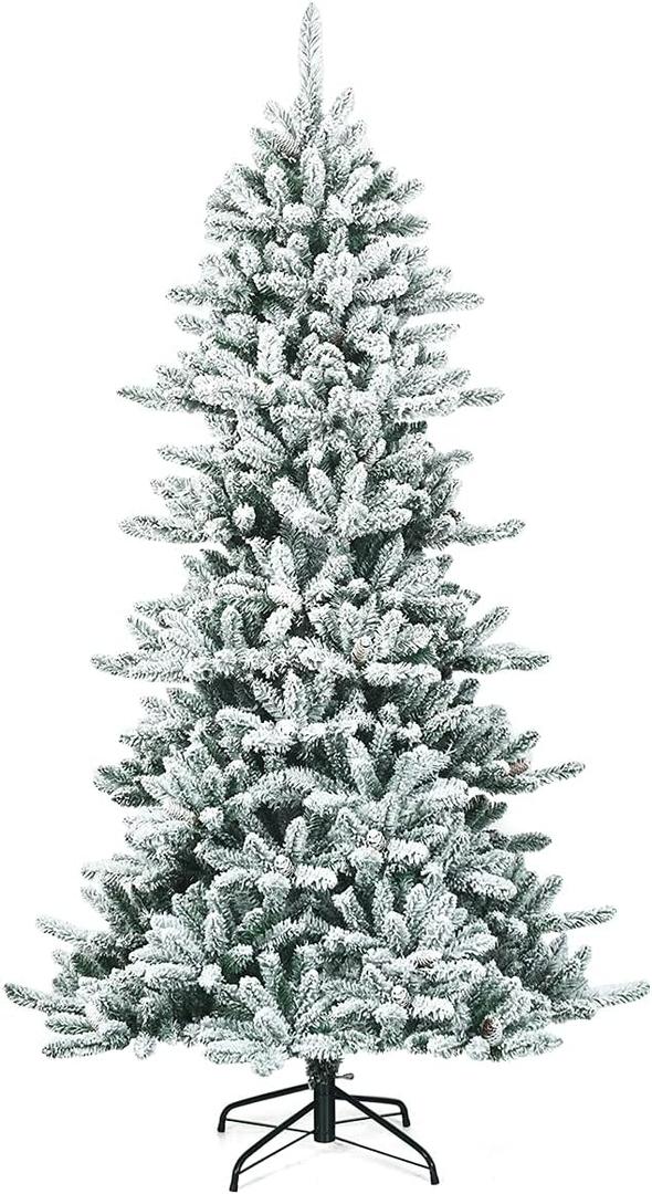  7Ft Snow Flocked Artificial Christmas Tree, Hinged Slim Pine Tree with Pine Cones, 1108 Branch Tips, Sturdy Metal Stand, Xmas Full Fake Tree for Home, Office, Party Indoor Decoration