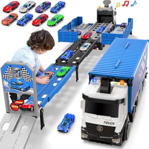 Carrier Truck Race Track Toddlers Toys, Foldable 3 Layer Track Playset, Toy Truck Transport Car Carrier & 8 Race Cars, Truck Car Kids Toys Xmas Gifts for Age 3 4 5 6+ Years Old Boys Girls (Blue)