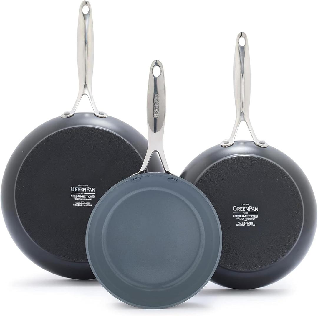 GreenPan Valencia Pro Ceramic Nonstick 8" 9.5" & 11" Fry Pan Skillet Set, Hard Anodized PFAS-Free, Induction Ready, Compatible on All Cooktops, Dishwasher Safe, Oven Safe to 600F, Gray