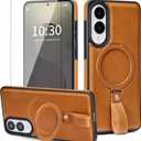 for Samsung Galaxy S25 Edge Leather Case with Stand, Anti-Slip Grip Ring, Fits for MagSafe (Brown, S25 Edge-6.7inch)