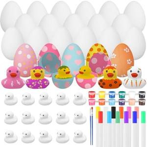 96 Pcs 2 Inch White Blank Rubber Ducks and Blank White Plastic DIY Easter Eggs with Pens Creative Patriotic Rubber Ducks Float Cute Eggs Toys for Easter Baby Showers Birthday Party