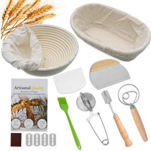 Bread Proofing Basket Set, Round 9 Inch and Oval 10 Inch Banneton Bread Bowl, Sourdough Bread Making Supplies Tools with Bread Lame, Danish Whisk, Bowl Scraper, Sourdough Scraper, Liners