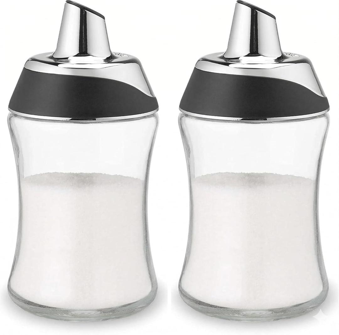 J&M Design 2-Pack Glass Sugar Dispenser & Shaker for Coffee, Cereal, Tea & Baking with Pour Spout and Lid for Easy Spoon Measuring Pouring - 7.5oz Jar Container - Coffee Bar Accessories & Essentials