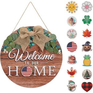 Giftgarden Welcome Home Sign for Front Door with 14 Changeable Icons, Seasonal Door Wreaths Outdoor Porch Decor, All Season Holiday Housewarming Gift
