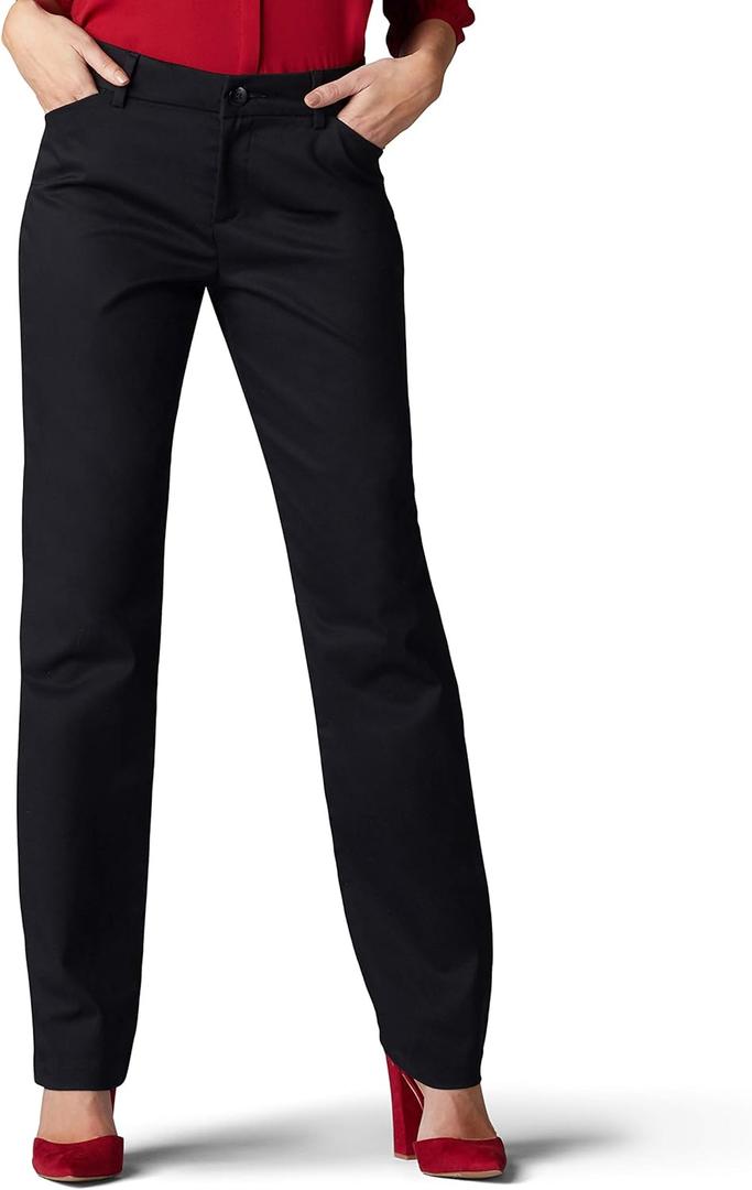 Lee Women's Wrinkle Free Relaxed Fit Straight Leg Pant (8 Long, Black)