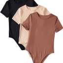 Milumia Girl's 3 Pack Short Sleeve Bodysuits V Neck Lettuce Trim Romper Jumpsuit Tops Set (Khaki Black Brown, 12 Y)