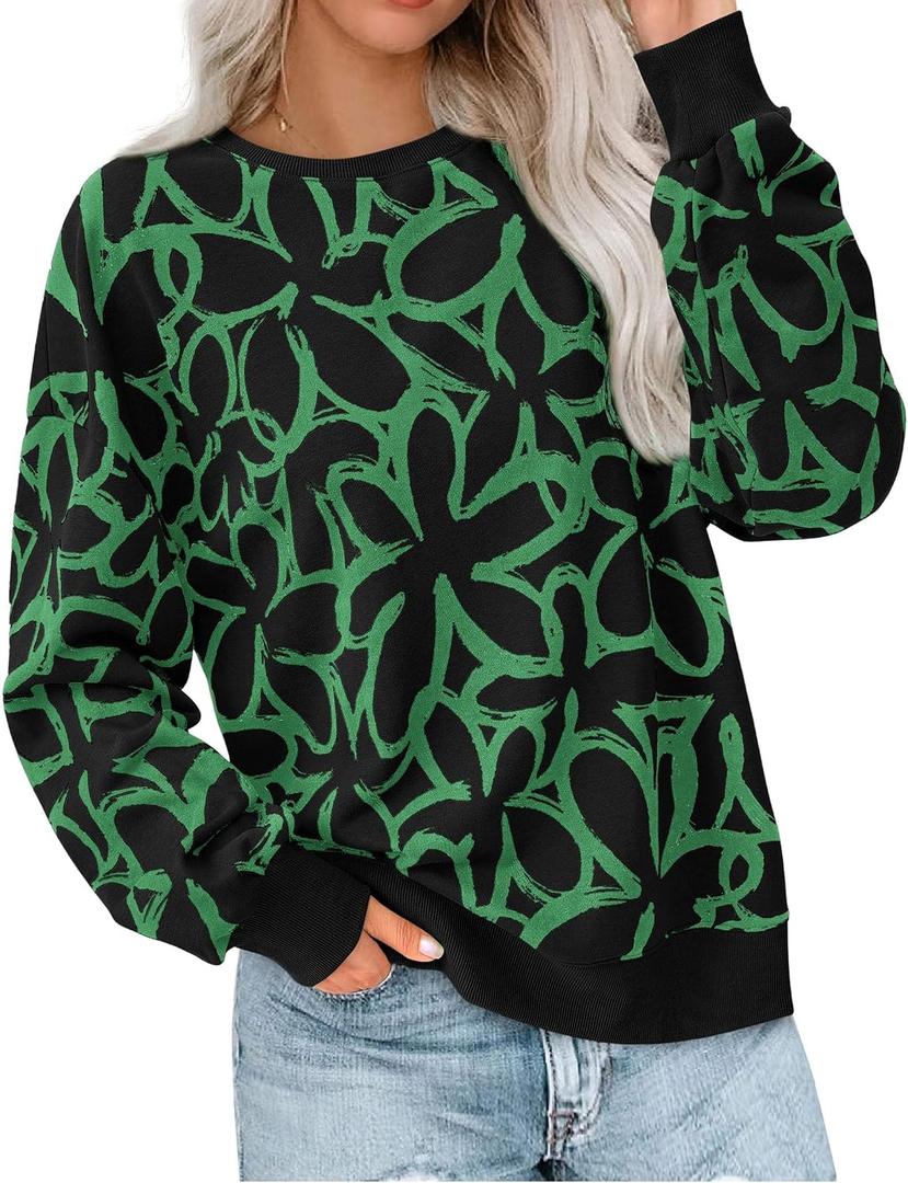 PRETTYGARDEN Graphic Sweatshirts for Women Crewneck Floral Print Long Sleeve Pullover Y2K Tops 2026 Fall Casual Cute Clothes (Black Green Flower, Small)