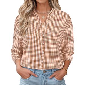 LOMON Womens 3/4 Sleeve Button Down Shirts Checkered Plaid Striped Cotton Tops V Neck Casual Loose Blouse (XXL)