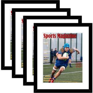 4 Pack Sports Magazine Frame Display 8.5 x 11.25 or 8.25 x 11 Magazine with 2 Sizes Mat, or 11x14 Photos without Mat, Magazine Display Frame with Shatter Resistant Plexiglass for Wall Hanging, Black