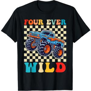 Funny Four Ever Wild 4th Birthday Kids Monster Truck T-Shirt XS