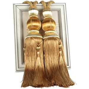 Curtain Tiebacks Holdbacks Sling Binding Rope Handcrafted Tassels Lantern Single Hanging Ball Tie Backs Home Office Window Decorative Drapery Fasteners Fringe Ropes 2 Pack (Gold)