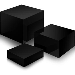 Set of 3 Acrylic Display Risers - 5 Sided Boxes With Hollow Bottoms, Nesting Cubes Display Stand Shelf for Cosmetic, Food, Collectibles, Jewelry, Figures Show (Black)