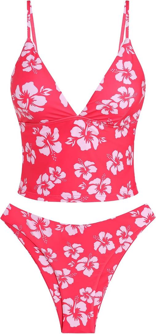 ZAFUL Women's Spaghetti Strap Tankini Swimsuits V Neck Tummy Control Tie Side Thong Bikini Swimsuits 2 Piece Bathing Suits (Pink, S)
